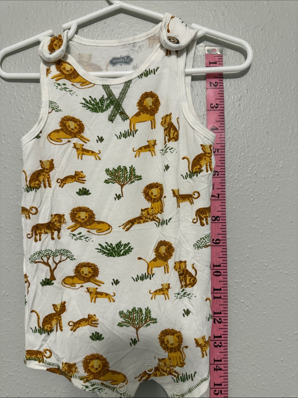 Mud Pie White Lion Print Tank Romper with Mustard Accents
